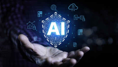 Businessman hand touching ai icon key shield for unlock the screen with virtual screen interface to the network. ai machine learning language. cyber security system using ai technology.